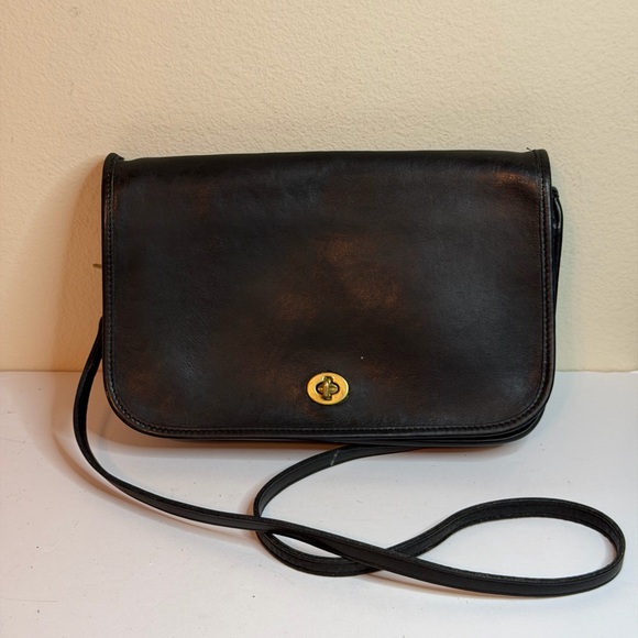 Coach Vintage Penny Pocket Purse Black Leather Crossbody Bag - Picture 1 of 12